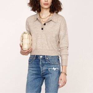 HEARTLOOM Women's Henri Collared Cropped Long Sleeve Polo Style SweaterTan L
